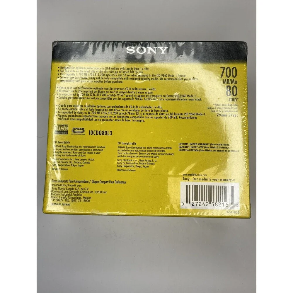 SONY CD-R Compact Discs 10 Pack 700 MB High Speed 80 min Jewel Cases CDR NEW